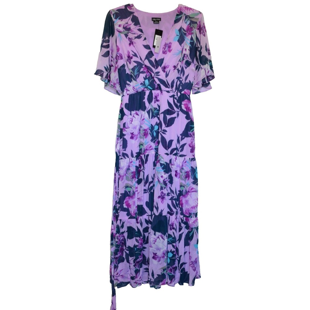 Nwt's City Chic Long Maxi Dress Womens  XXS/12 Wrap V-Neck Tiered Flutter Sleeve